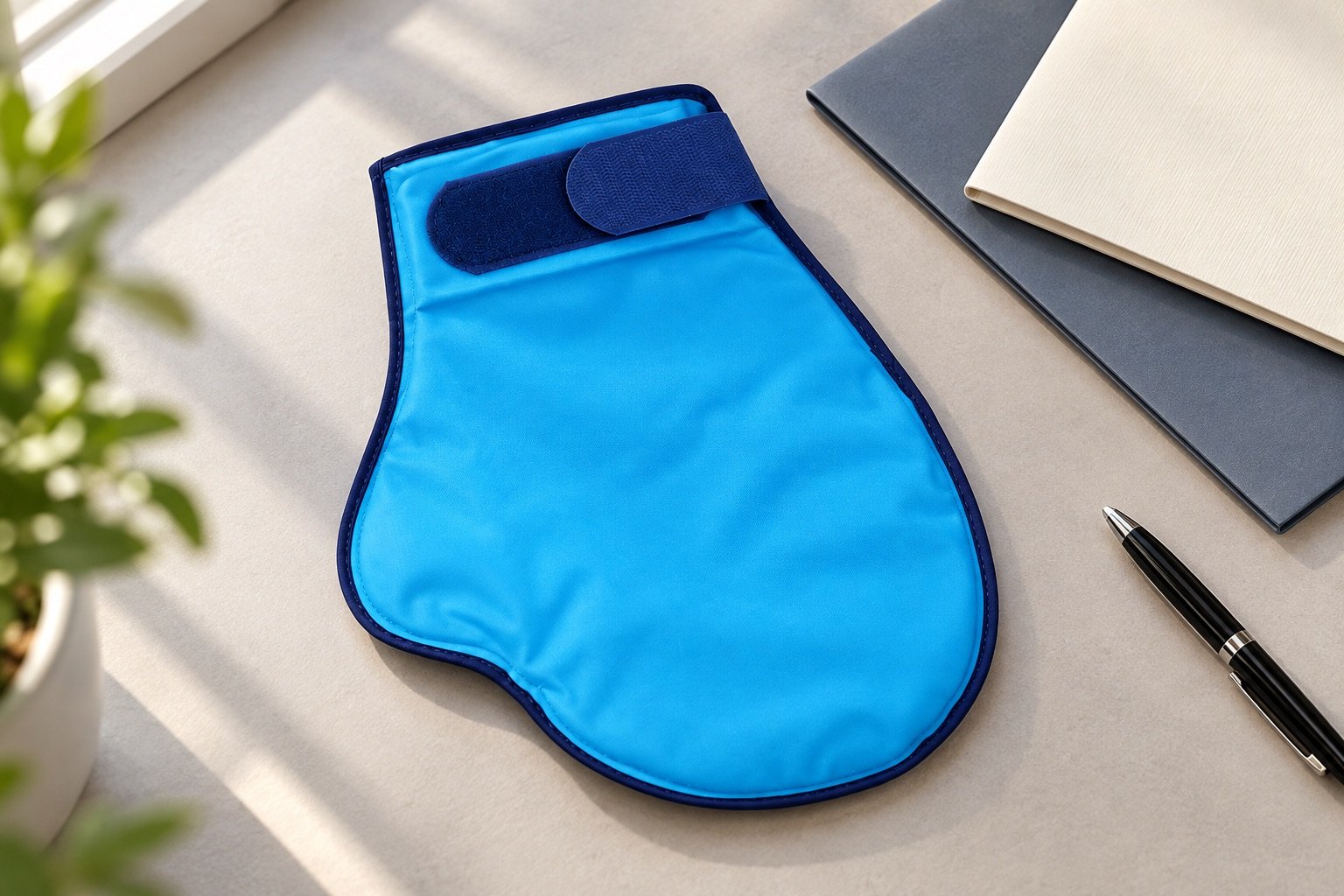 Cyan nylon cooling mitten with navy wrist fastening beside ivory and slate folders and a black pen