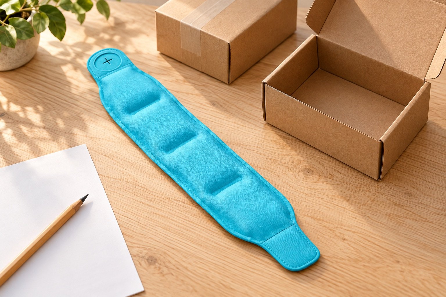 Turquoise segmented wrist wrap on a pale wood table beside open and closed kraft cartons