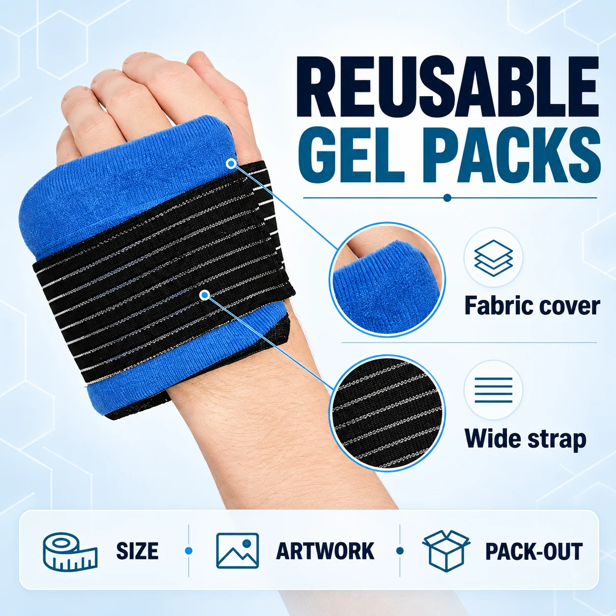 Blue fabric-covered pack worn on a wrist with cover and strap detail callouts