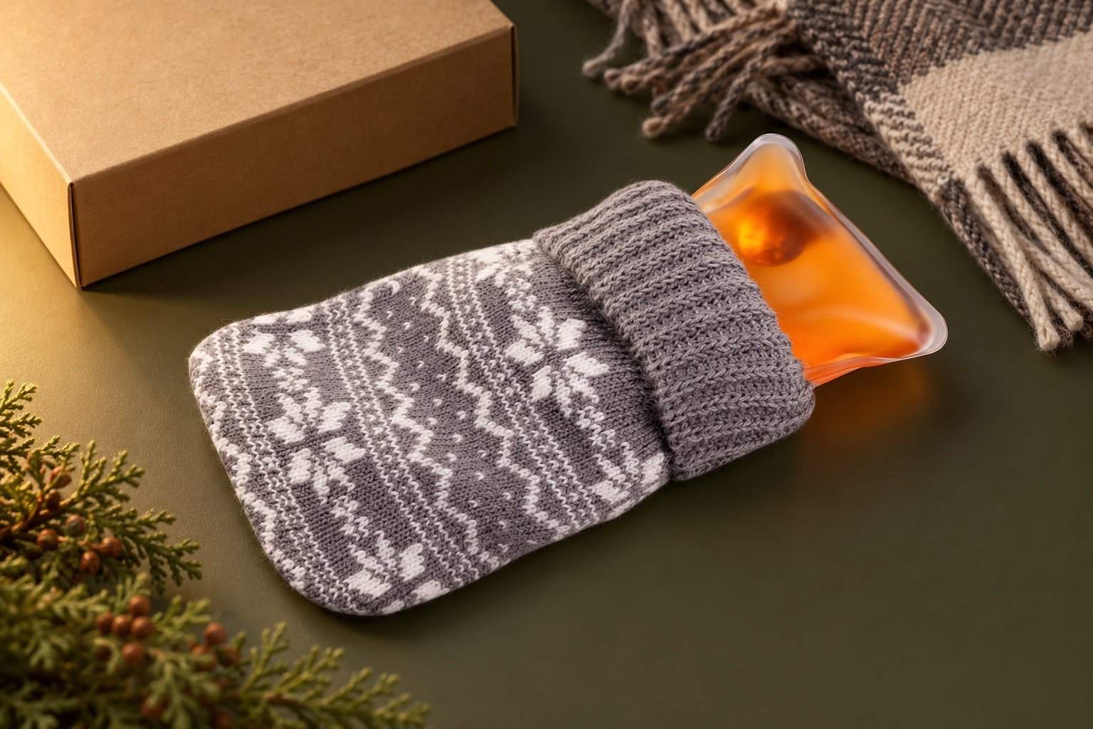 Orange sealed click heat pouch partly withdrawn from a grey patterned knit cover beside a blank gift box
