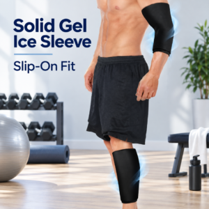Black one-piece solid gel ice sleeve shown on the knee, calf and elbow