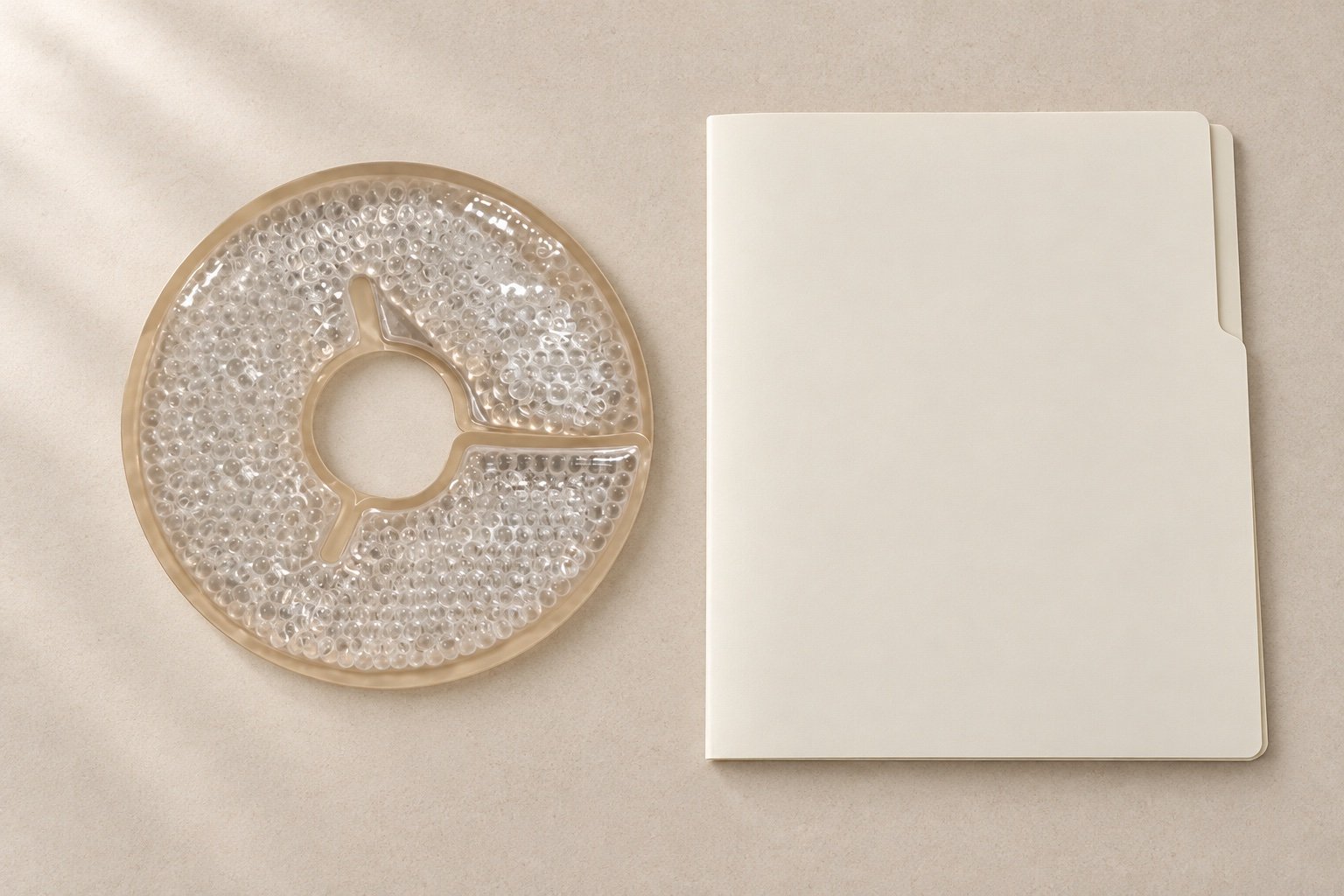 Clear gel-bead ring pad with a center opening and radial seams beside a blank ivory document folder