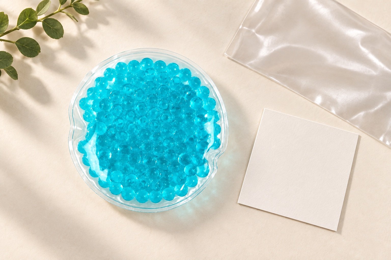 Round aqua gel-bead pouch with a narrow clear sealed edge beside an unprinted card and film swatch