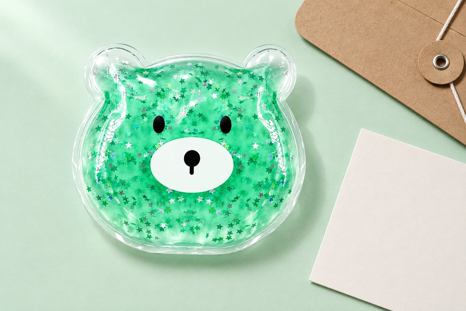 Green bear-shaped glitter gel pouch beside a plain kraft folder and blank card