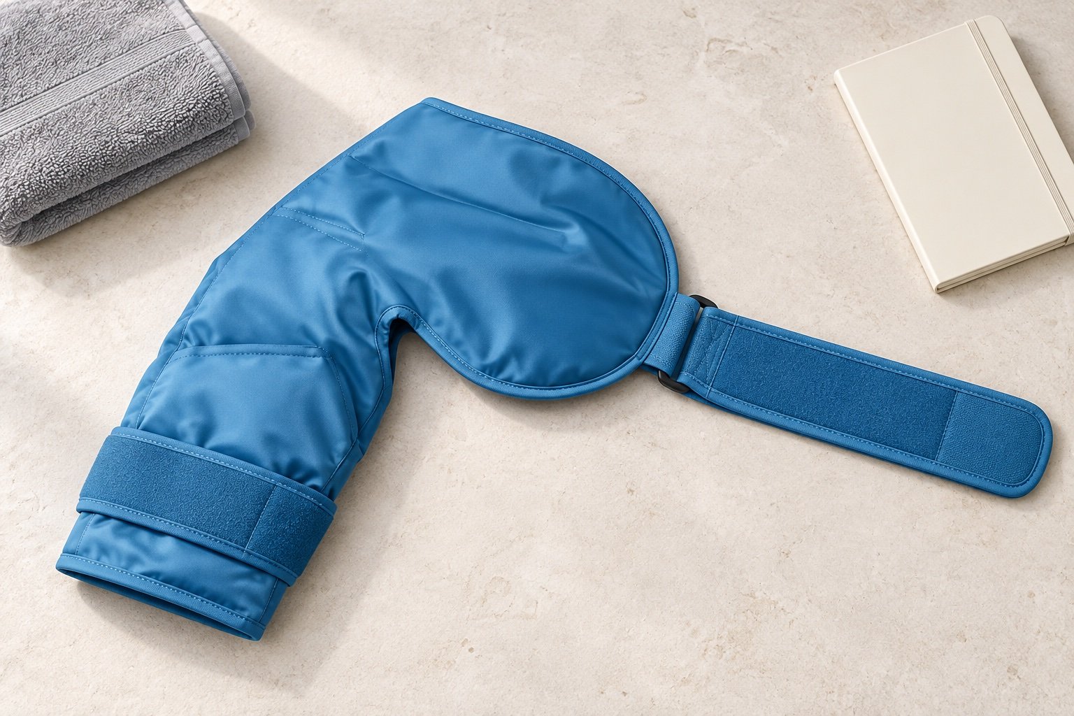 Blue contoured shoulder wrap with arm and torso fastening bands on a pale sample table