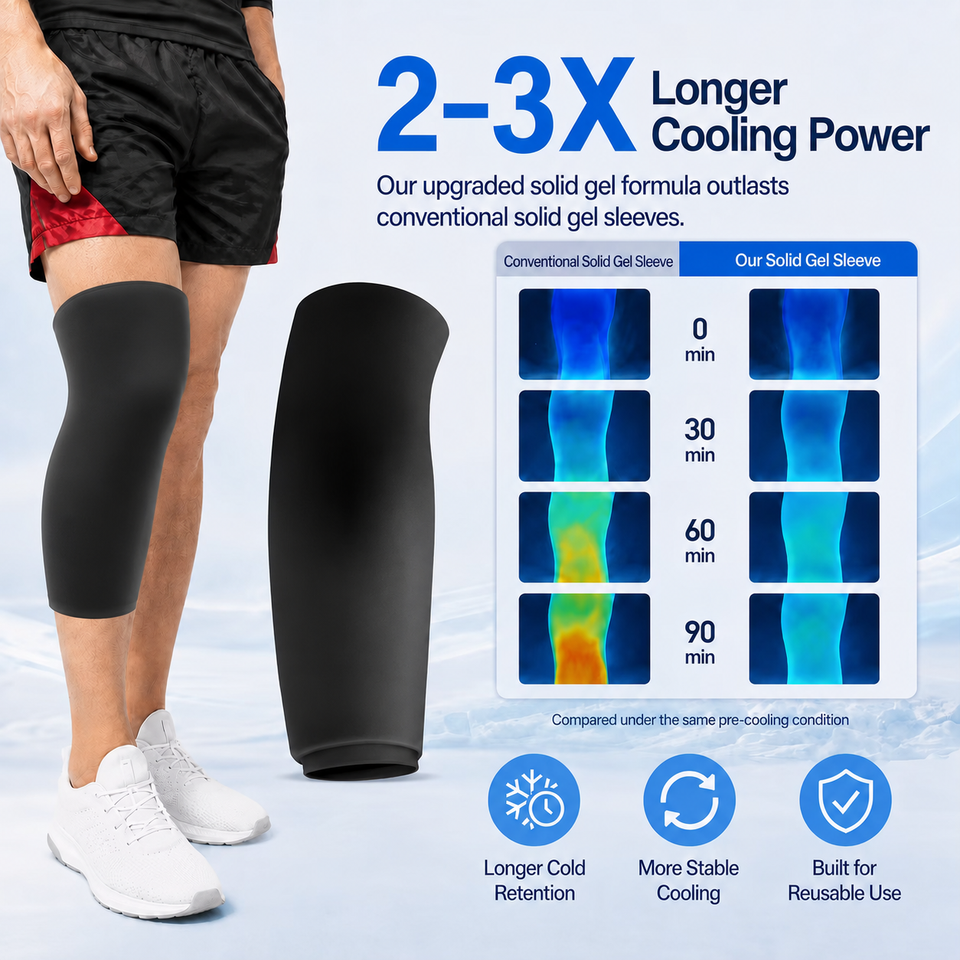 Black gel sleeve worn on the calf with a product comparison infographic