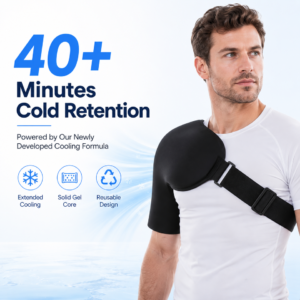 Black solid gel shoulder wrap worn over the upper arm with an adjustable chest strap