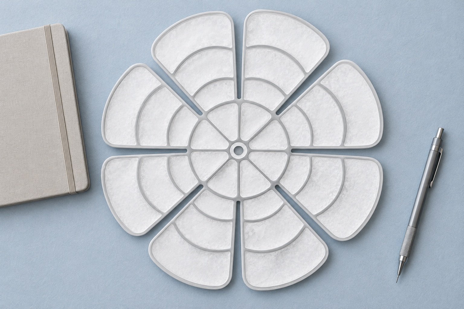 White eight-petal helmet liner with radial seams and a center opening beside a notebook and pencil