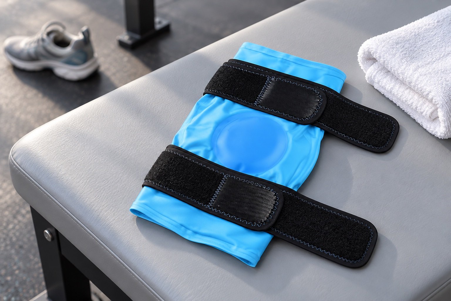 Sky-blue contoured knee wrap with two black fastening straps on a bench beside a folded towel