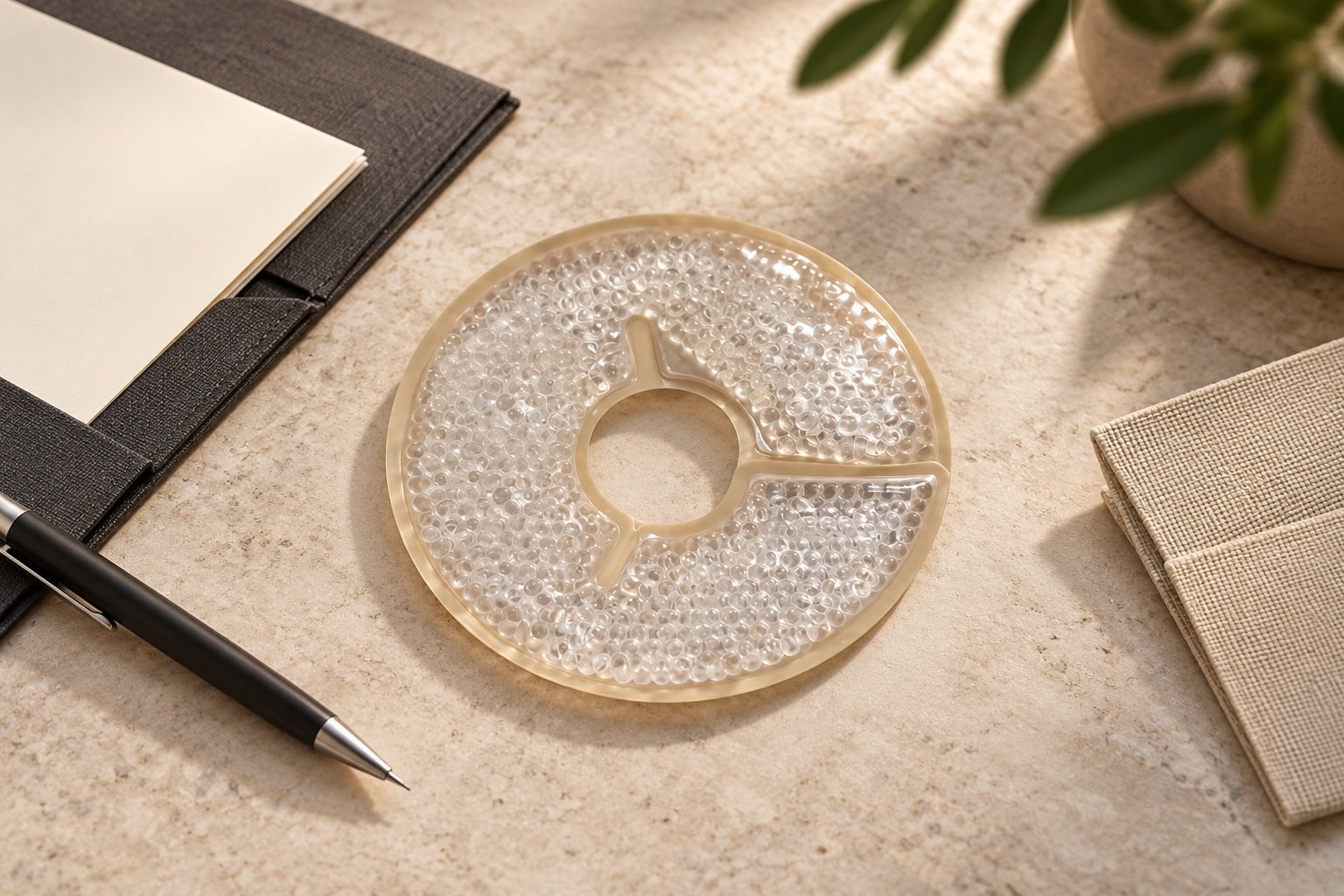 Clear three-section round gel-bead pad with a central opening beside a charcoal folder, blank sheets and linen sleeve