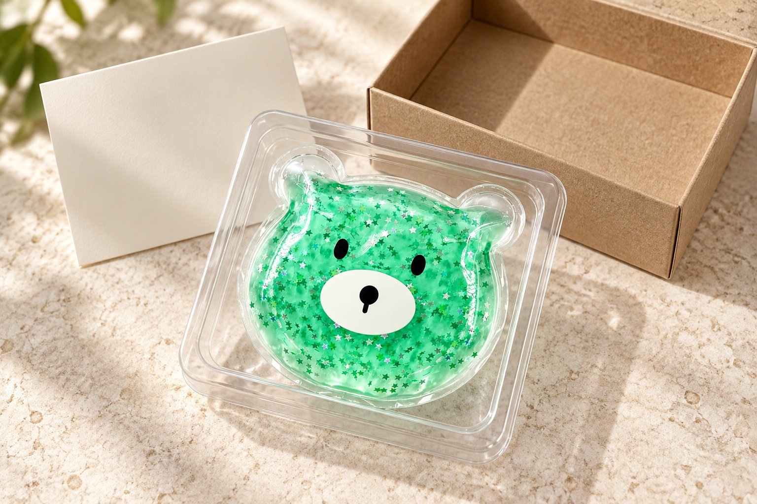 Small green bear-shaped gel pouch in a clear tray beside an empty kraft carton and blank card