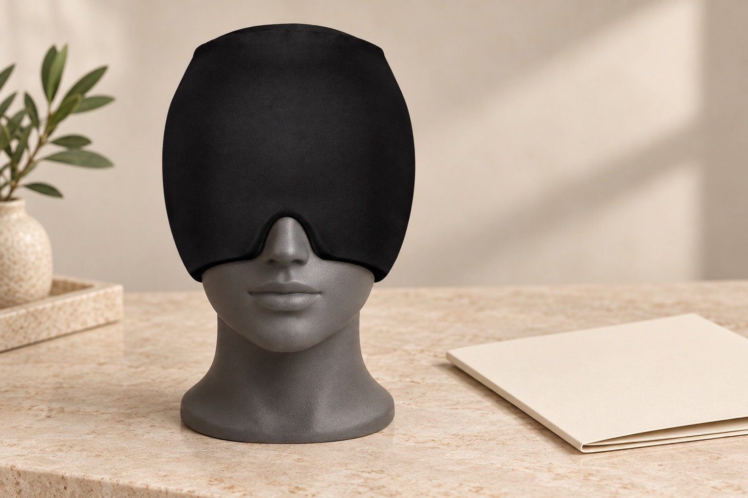 Black full-head cap with a lower face opening on a neutral gray display head beside a blank folder