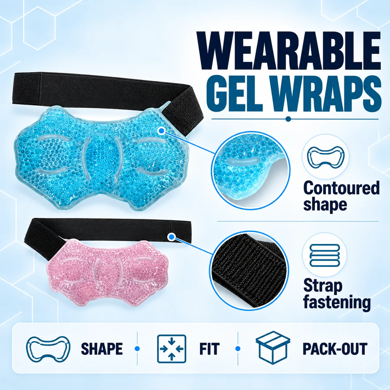 Blue and pink contoured gel-bead wraps with shape and strap detail callouts