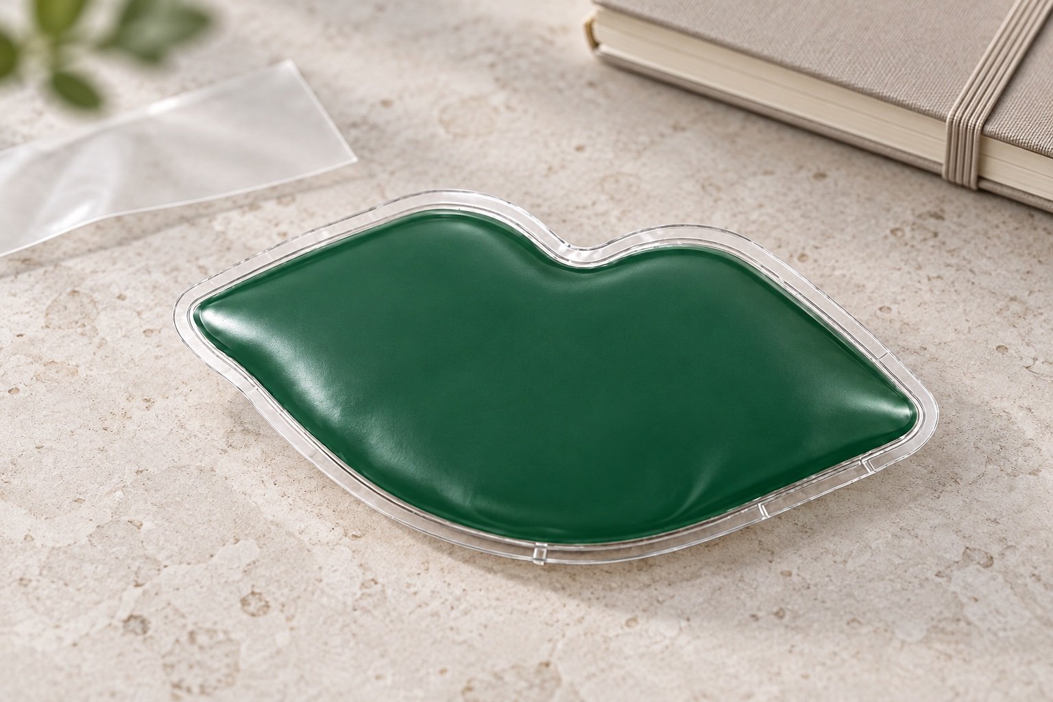 Small dark green lip-shaped gel pouch with a clear sealed perimeter beside a translucent film swatch