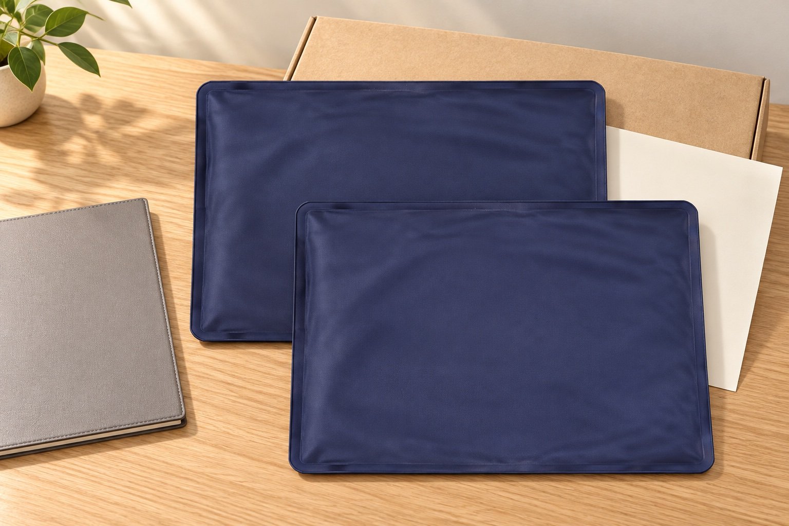 Two large navy rectangular fabric-surfaced pouches beside a plain carton, separator sheet and folder