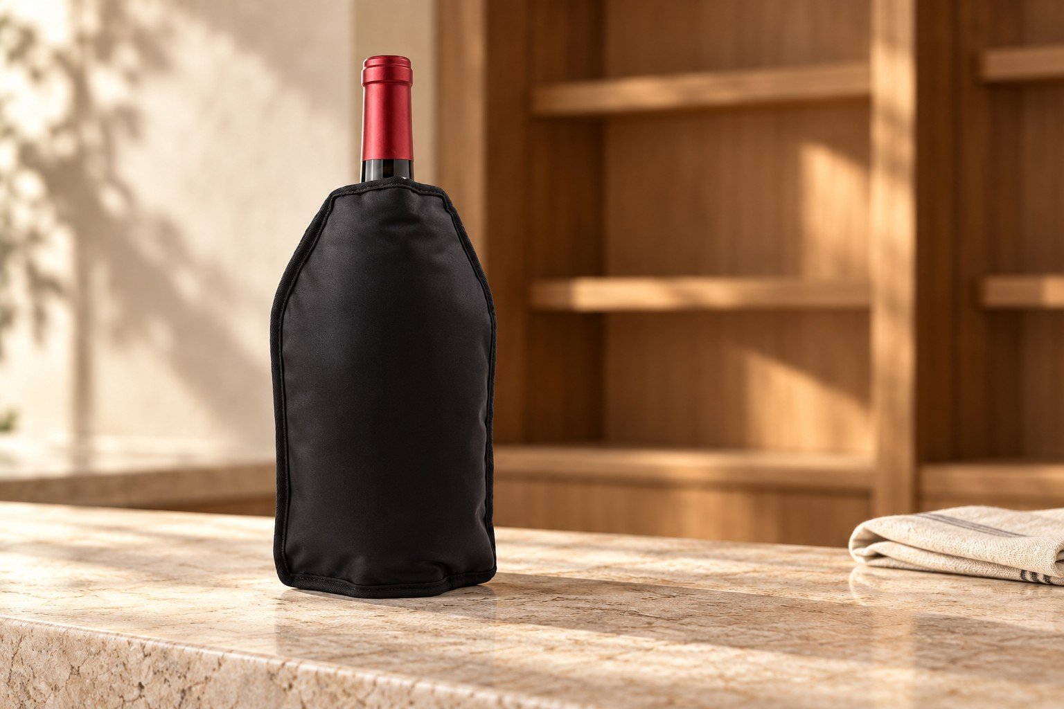 Black fabric cooling sleeve fitted around an upright wine bottle on a stone counter